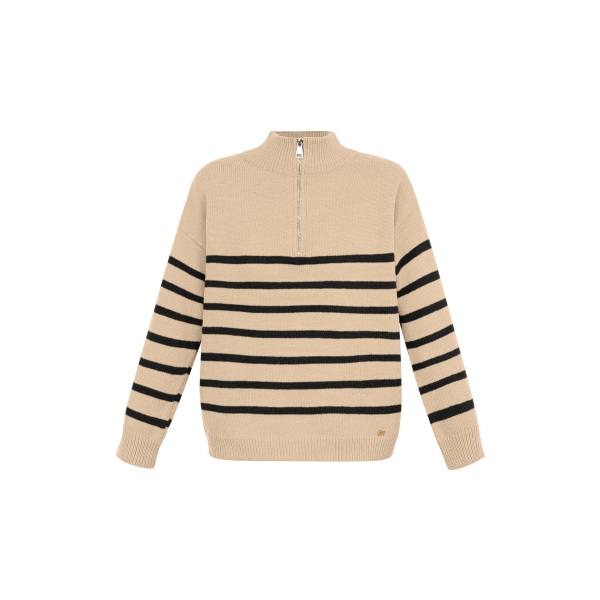 Strickpullover Streifen mit Reißverschluss - Beige Schwarz